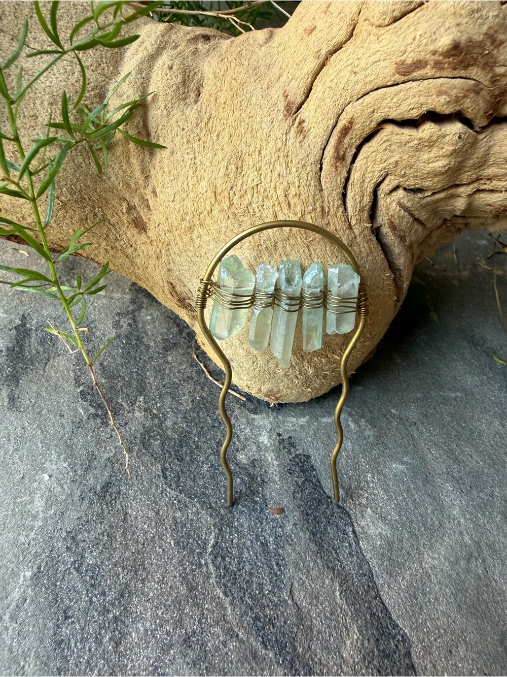 New🌟Anthropologie-Handcrafted Aquamarine Crystal Hair Fork - Brass Wire Wrapped